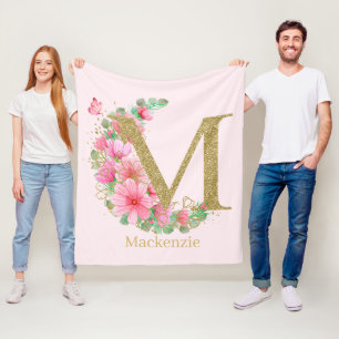 Watercolor Gold and Floral Monogram Letter M Fleece Blanket
