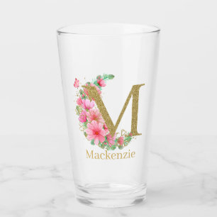 Watercolor Gold and Floral Monogram Letter M Glass
