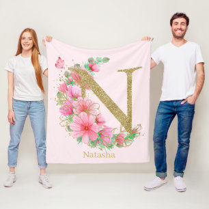 Watercolor Gold and Floral Monogram Letter N Fleece Blanket