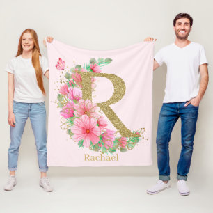 Watercolor Gold and Floral Monogram Letter R Fleece Blanket