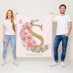 Watercolor Gold and Floral Monogram Letter S Fleece Blanket