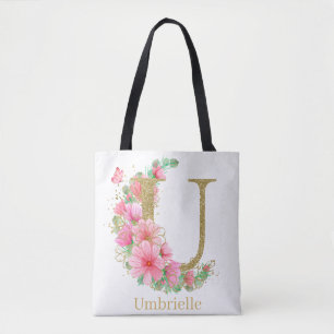 Watercolor Gold and Floral Monogram Letter U Tote Bag