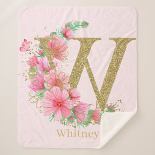 Watercolor Gold and Floral Monogram Letter W Sherpa Blanket