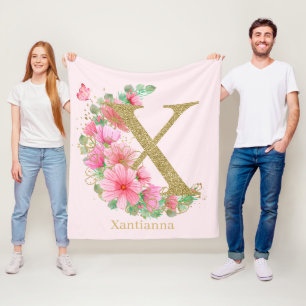 Watercolor Gold and Floral Monogram Letter X Fleece Blanket