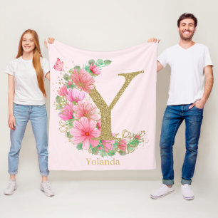 Watercolor Gold and Floral Monogram Letter Y Fleece Blanket