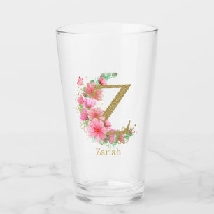 Watercolor Gold and Floral Monogram Letter Z Glass