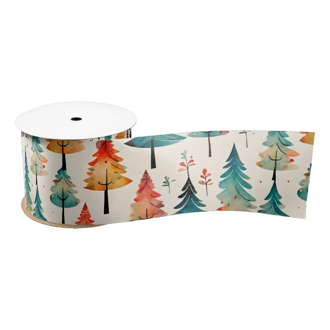 Watercolor Gold and Green Christmas Trees Satin Ribbon (Spool)