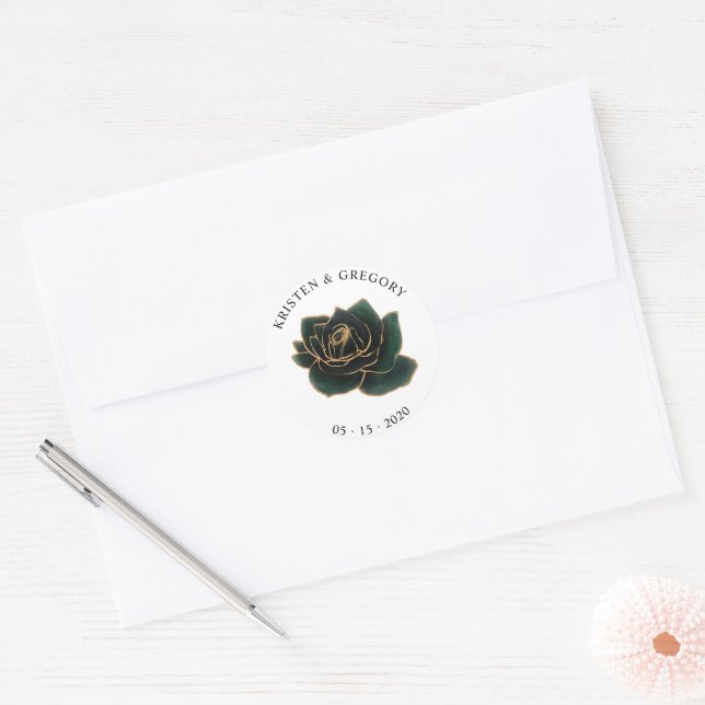 Watercolor Gold and Green Roses Monogram Sticker (Envelope)