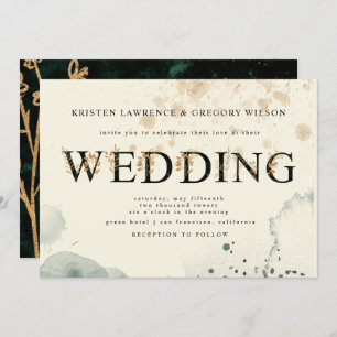 Watercolor Gold and Green Roses Wedding Invitation