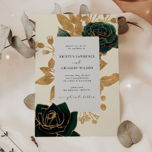Watercolor Gold and Green Roses Wedding Invitation