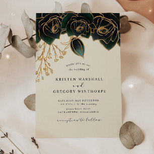 Watercolor Gold and Green Roses Wedding Invitation