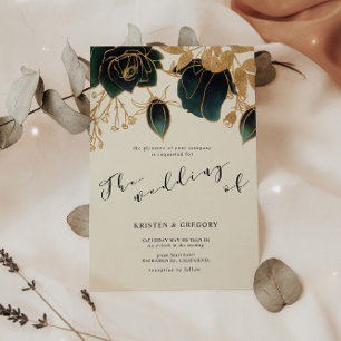 Watercolor Gold and Green Roses Wedding Invitation
