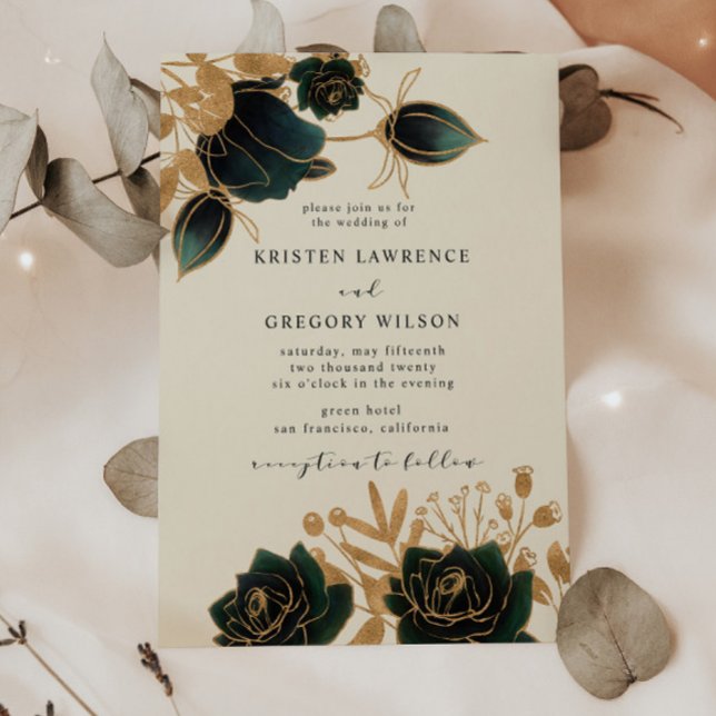 Watercolor Gold and Green Roses Wedding Invitation (Creator Uploaded)