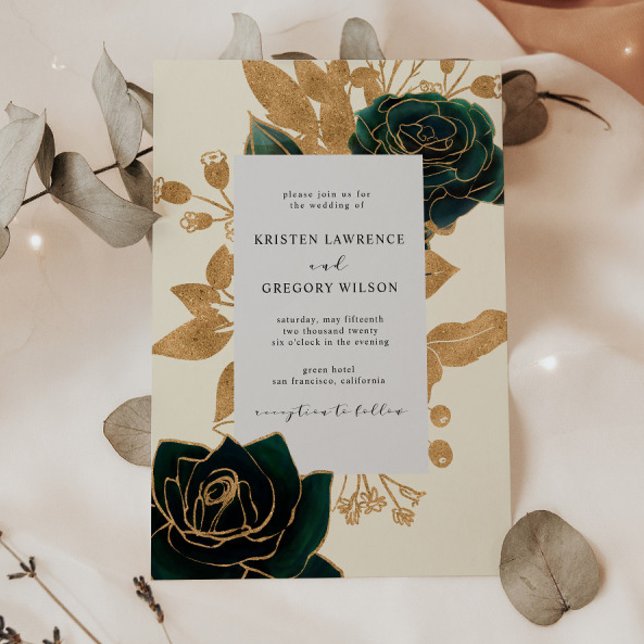 Watercolor Gold and Green Roses Wedding Invitation (Creator Uploaded)