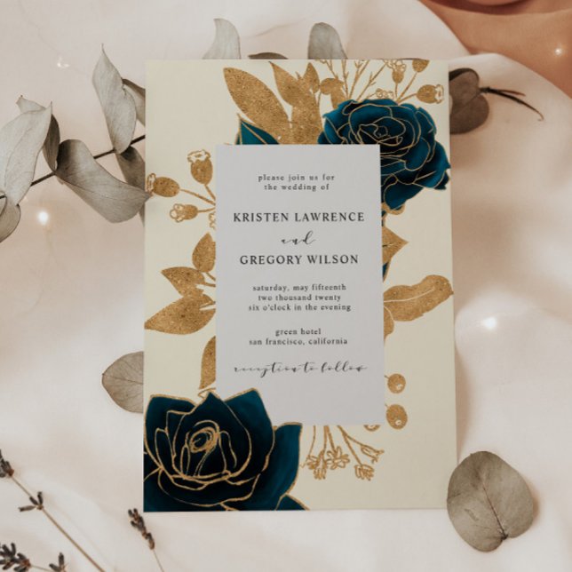 Watercolor Gold and Green Roses Wedding Invitation (Creator Uploaded)