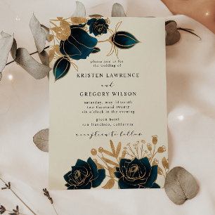 Watercolor Gold and Green Wedding Invitation