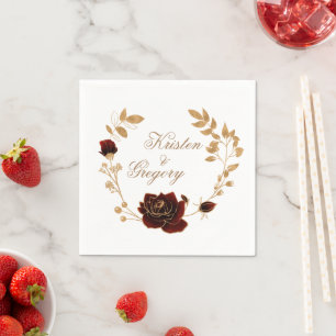 Watercolor Gold And Red Roses Monogram Paper Napkin