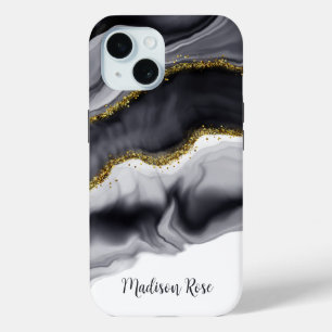 Watercolor Gold Black Personalize iPhone 15 Case