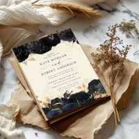 Watercolor Gold Black Roses Wedding Invitation