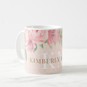 Watercolor Gold Blush Pink Floral Monogram Coffee Mug
