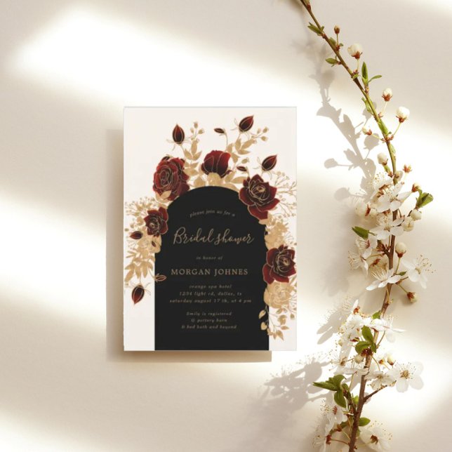 Watercolor Gold Burgundy Roses Bridal Shower Invitation (Creator Uploaded)