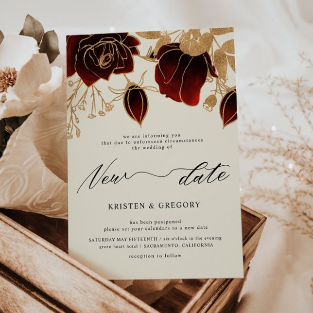 Watercolor Gold Burgundy Roses Postponed Wedding Invitation (Creator Uploaded)