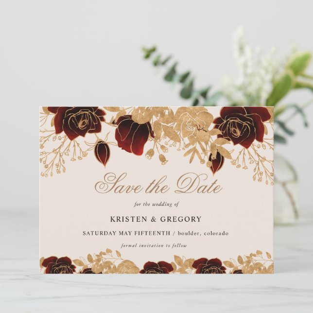 Watercolor Gold Burgundy Roses Save The Date  Invitation (Standing Front)