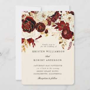 Watercolor Gold Burgundy Roses Wedding Invitation