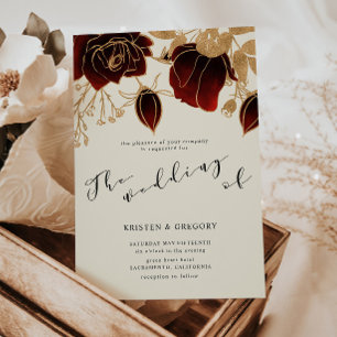 Watercolor Gold Burgundy Roses Wedding Invitation