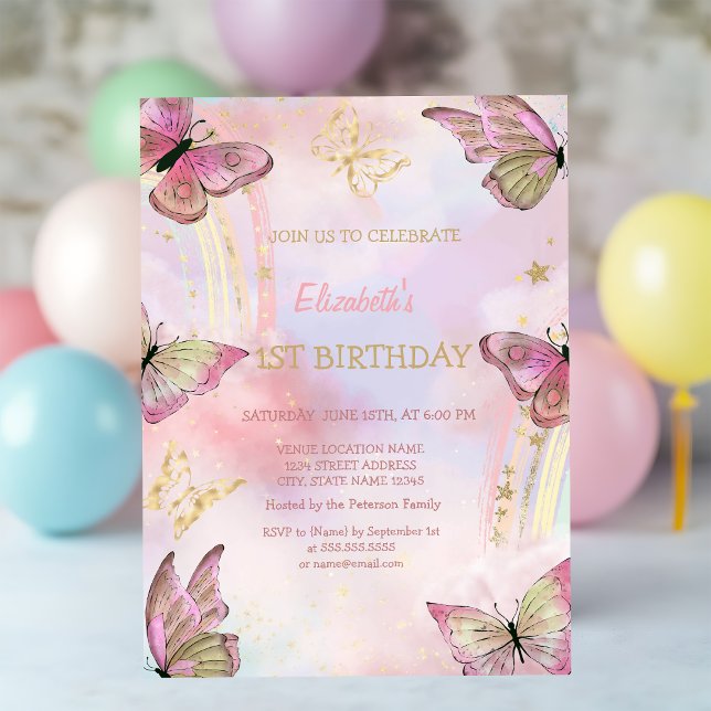 Watercolor Gold Butterflies Rainbow Birthday  Invitation (Creator Uploaded)