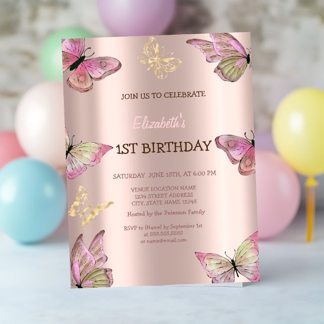 Watercolor Gold Butterflies Rose Gold Birthday  Invitation (Creator Uploaded)