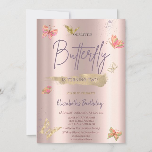 Watercolor Gold Butterflies Rose Gold Birthday  Invitation (Front)