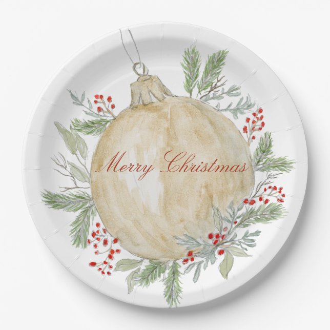 Watercolor Gold Christmas Ornament  Paper Plate (Front)