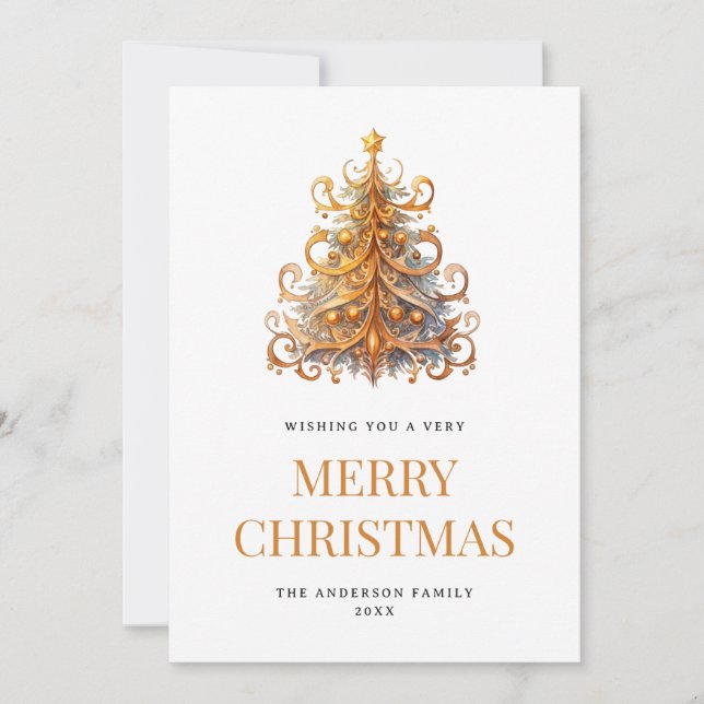 Watercolor Gold Christmas Tree Holiday Card (Front)