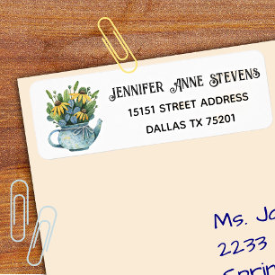 Watercolor Gold Coneflowers in Teapot, Address Return Address Label
