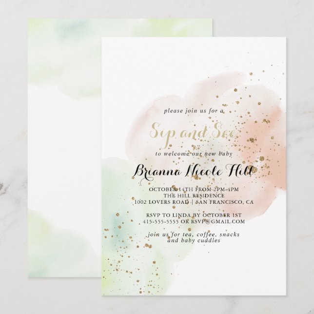 Watercolor Gold Confetti Sip and See Invitation (Front/Back)