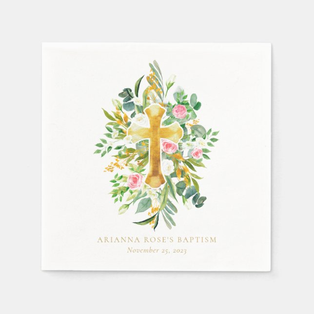 Watercolor Gold Cross Pink White Floral Baptism Napkin (Front)