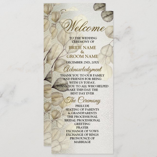 Watercolor Gold Eucalyptus Foliage Wedding Shiny Program (Front/Back)