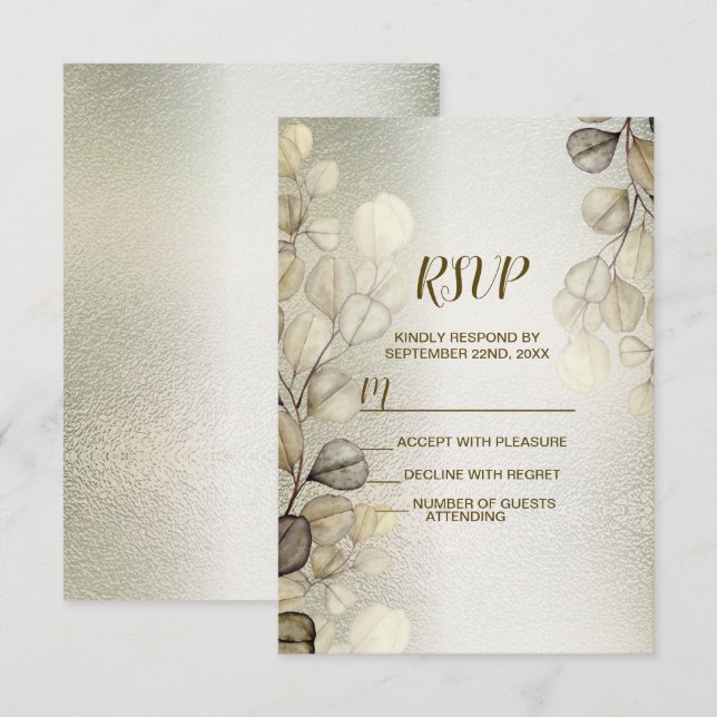 Watercolor Gold Eucalyptus Foliage Wedding Shiny RSVP Card (Front/Back)