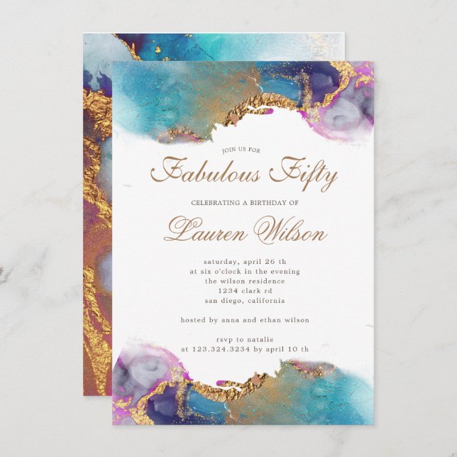 watercolor gold faux foil fabulous birthday invitation (Front/Back)