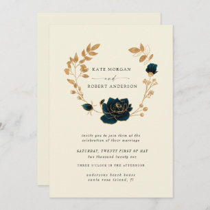 Watercolor Gold Floral Wreath Wedding Invitation