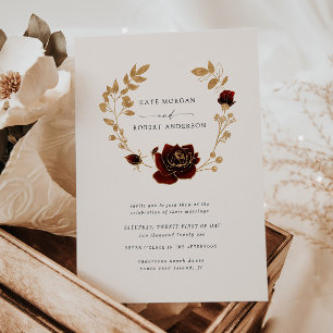 Watercolor Gold Floral Wreath Wedding Invitation