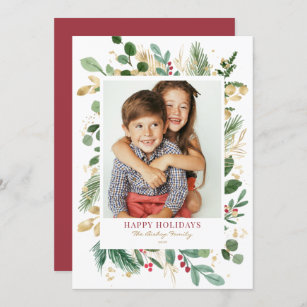 Watercolor Gold Foil Greenery and Holly Photo Holiday Card