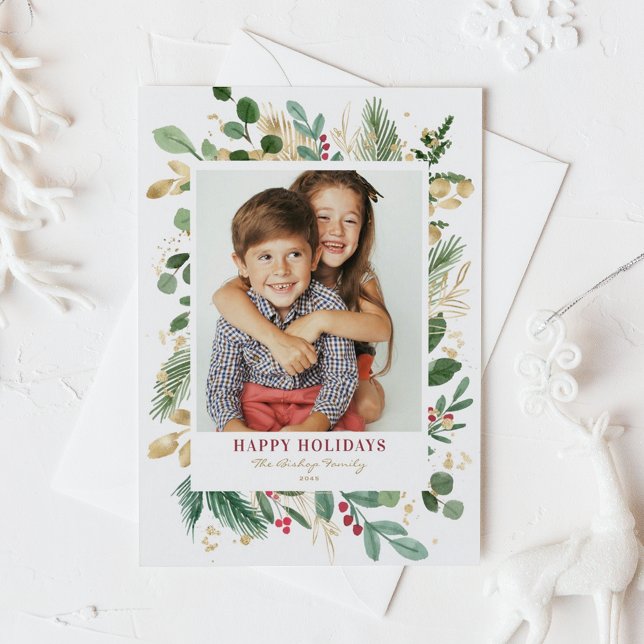Watercolor Gold Foil Greenery and Holly Photo Holiday Postcard (Watercolor and Faux Gold Foil Winter Greenery Photo Happy Holidays Postcard)