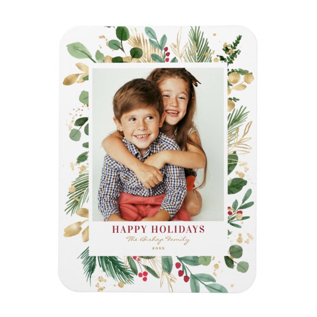 Watercolor Gold Foil Greenery and Holly Photo Magnet (Vertical)
