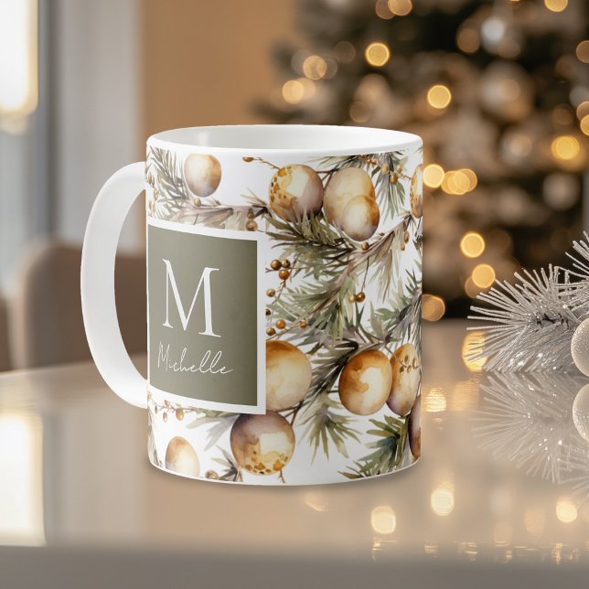 Watercolor Gold Foliage Christmas Monogram Coffee Mug (Creator Uploaded)