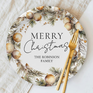 Watercolor Gold Foliage Christmas Paper Plate