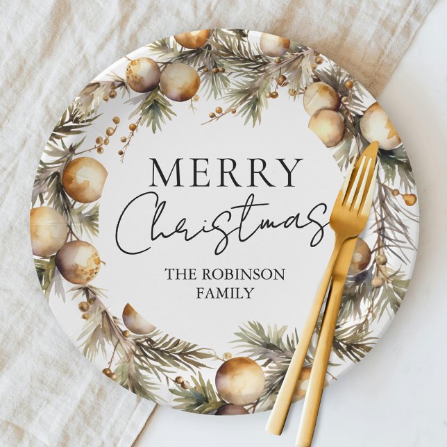 Watercolor Gold Foliage Christmas Paper Plate (Creator Uploaded)