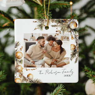 Watercolor Gold Foliage Photo Christmas Ceramic Ornament