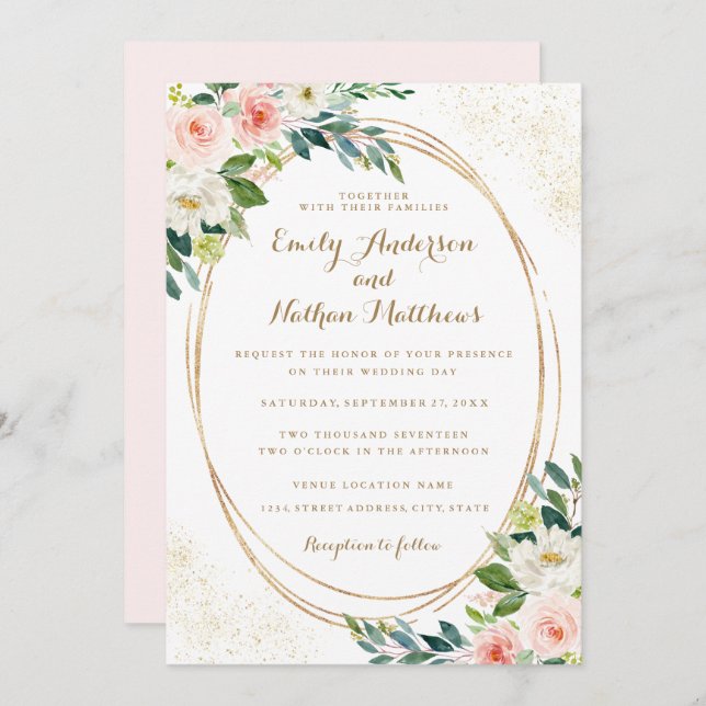 Watercolor Gold Frame Blush Floral Wedding Invitation (Front/Back)